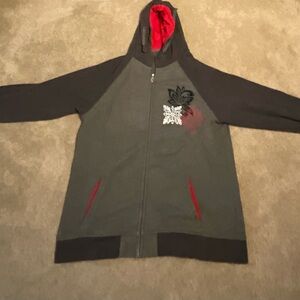 Gray and Black Women's Hoodie with Red Accents